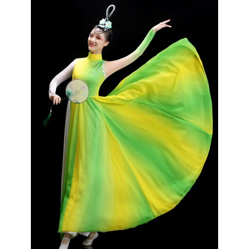 Green With yellow gradient Chinese Jasmine  Folk dance dress for women girls flamenco dance swing skirts paso double dance long dresses Chinese calssical folk dance costumes for woman